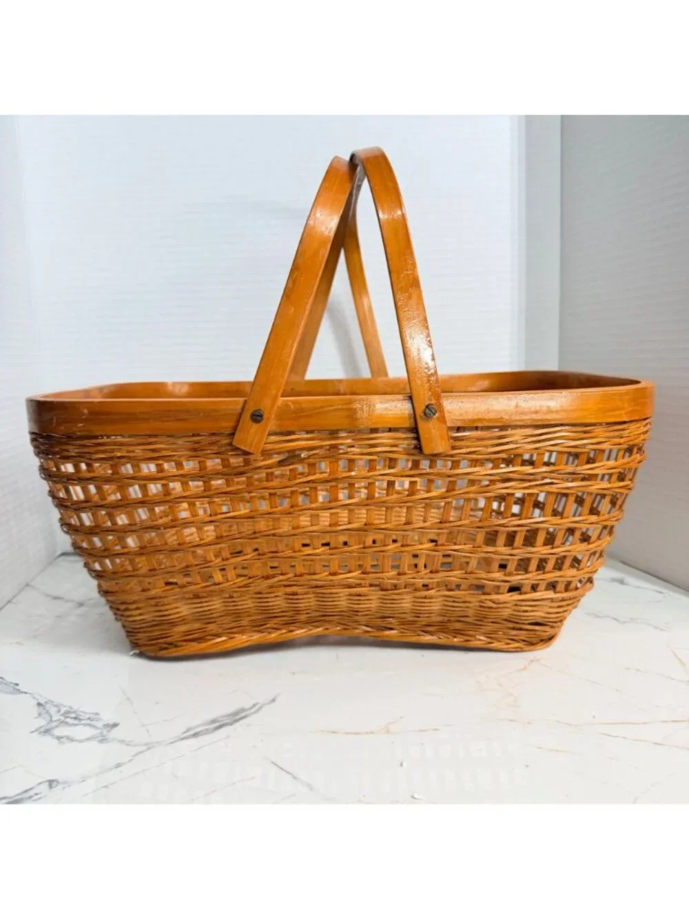 Vintage Wicker Picnic Basket Woven Gathering Market Basket Dual Handles Boho